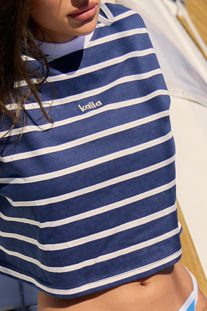 Kaiia Boxy Stripe Oversized Cropped T Shirt Navy Multi