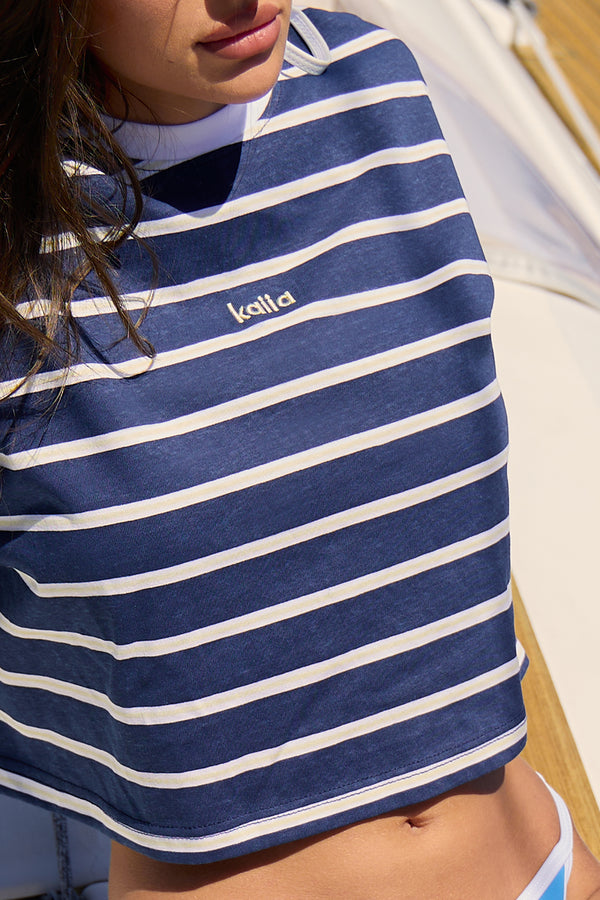 Kaiia Boxy Stripe Oversized Cropped T Shirt Navy Multi