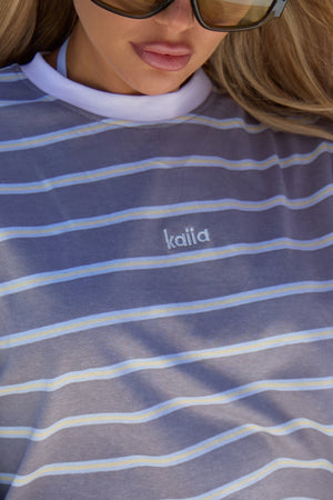 Kaiia Boxy Stripe Oversized Cropped T Shirt City Grey Multi