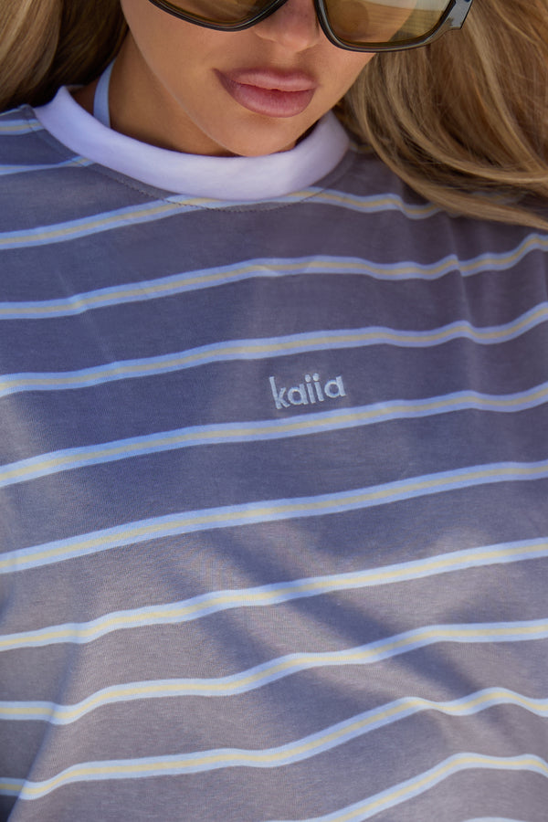 Kaiia Boxy Stripe Oversized Cropped T Shirt City Grey Multi