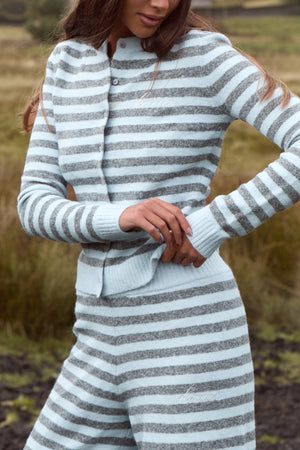 Kaiia Knit Striped Button Up Top Baby Blue & Grey