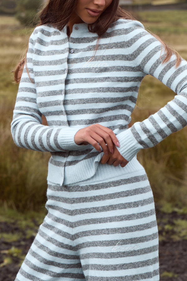 Kaiia Knit Striped Button Up Top Baby Blue & Grey