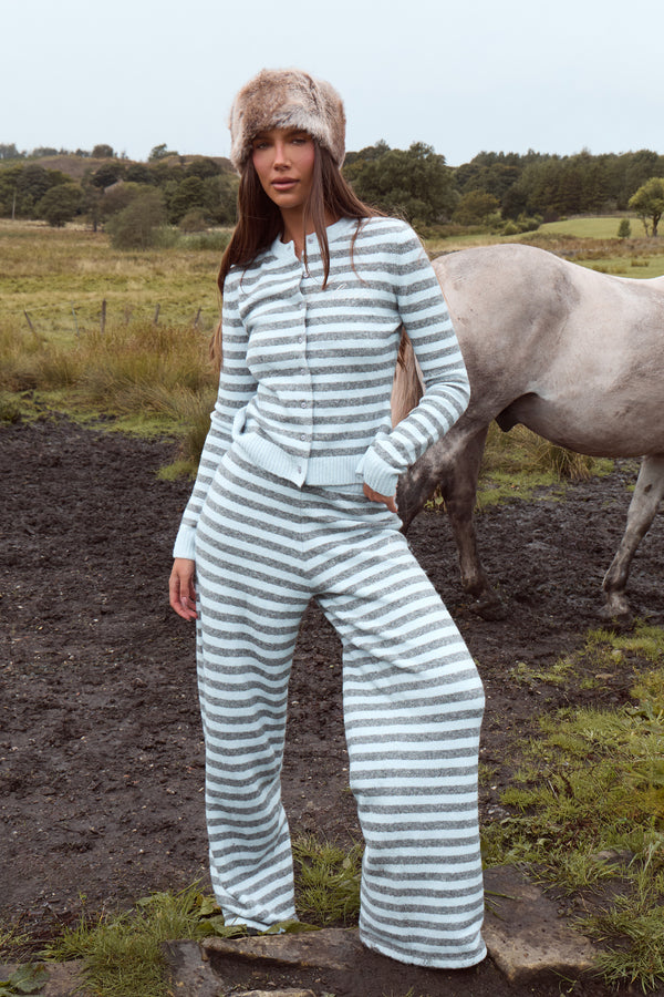 Kaiia Knit Striped Button Up Top Baby Blue & Grey