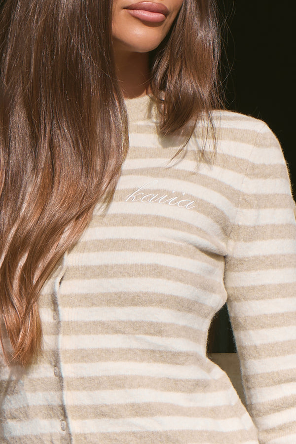 Kaiia Knit Striped Button Up Top Taupe & Cream