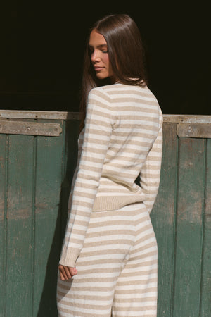 Kaiia Knit Striped Button Up Top Taupe & Cream