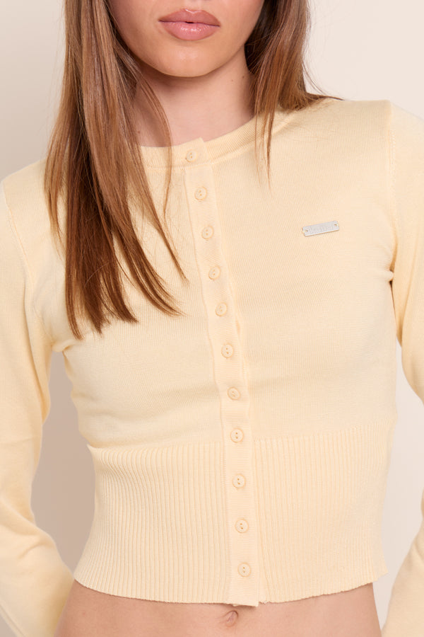 Kaiia Lightweight Knit Fitted Button Up Top Butter Yellow