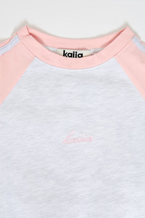 Kaiia Contrast Panel Baby Tee Soft Light Grey Marl & Vintage Pink