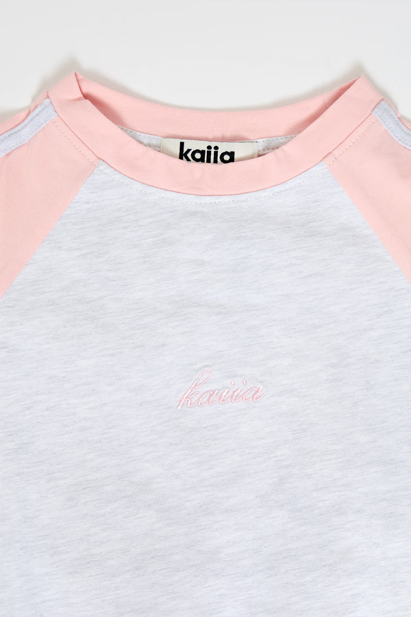 Kaiia Contrast Panel Baby Tee Soft Light Grey Marl & Vintage Pink