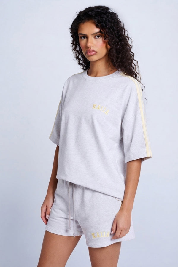 Kaiia Side Stripe Oversized T-shirt Light Grey Marl & Vanilla Lemon