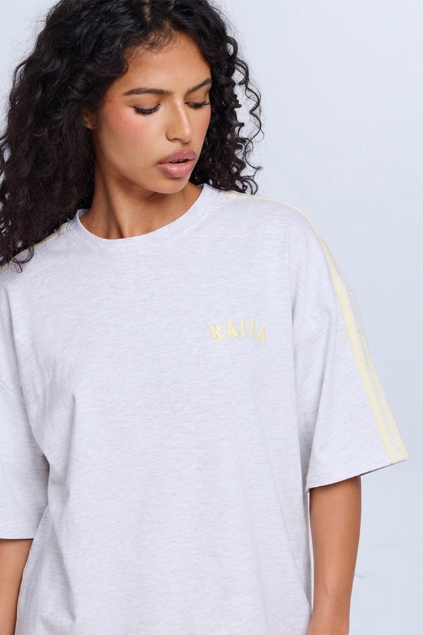 Kaiia Side Stripe Oversized T-shirt Light Grey Marl & Vanilla Lemon
