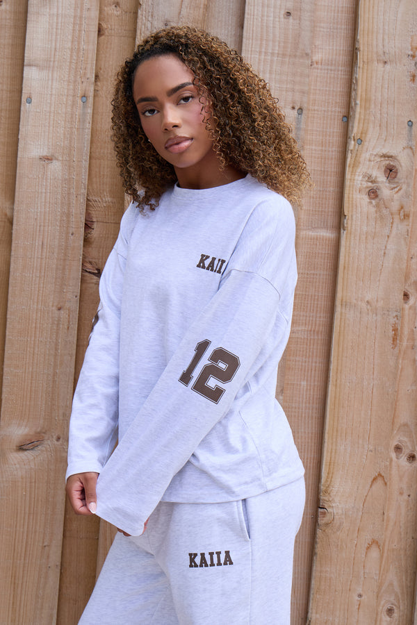 Kaiia 12 Sport Graphic Football Top Light Grey Marl & Dusty Brown