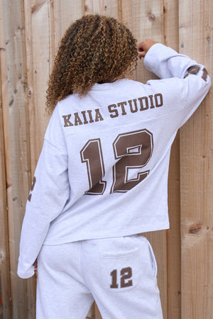Kaiia 12 Sport Graphic Football Top Light Grey Marl & Dusty Brown