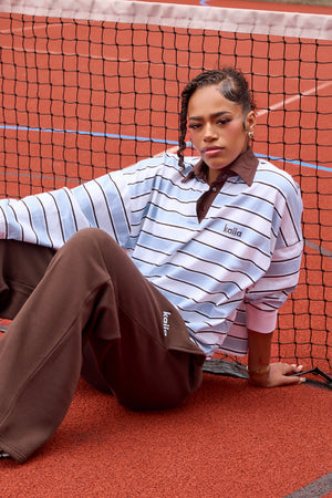 Kaiia Striped Rugby Style Top Sky Blue & Bitter Chocolate