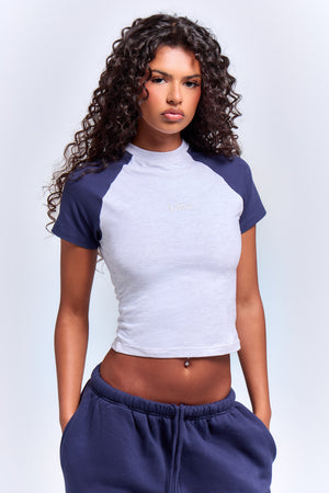 Kaiia Raglan Contrast Baby Tee Light Grey Marl & Navy