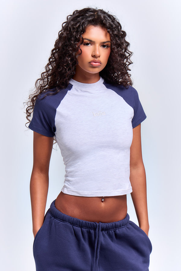 Kaiia Raglan Contrast Baby Tee Light Grey Marl & Navy