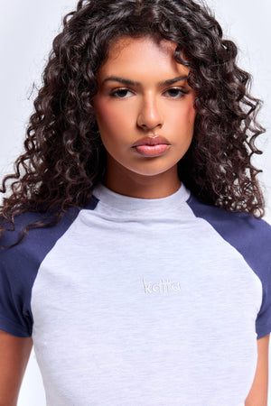 Kaiia Raglan Contrast Baby Tee Light Grey Marl & Navy