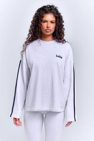 Kaiia Side Stripe Long Sleeve T-Shirt Light Grey Marl & Navy