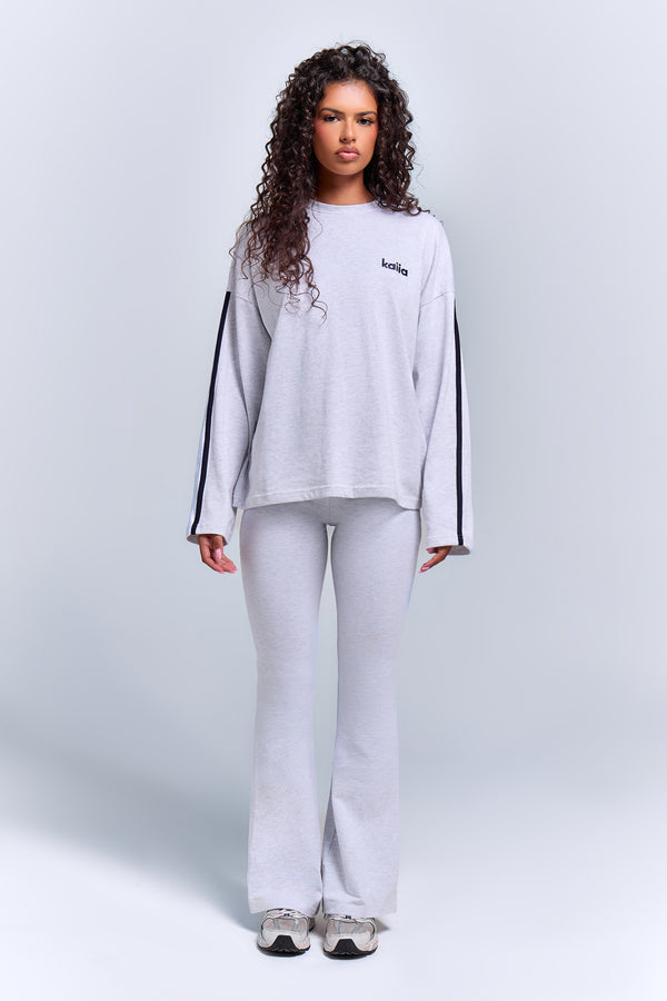 Kaiia Side Stripe Long Sleeve T-Shirt Light Grey Marl & Navy