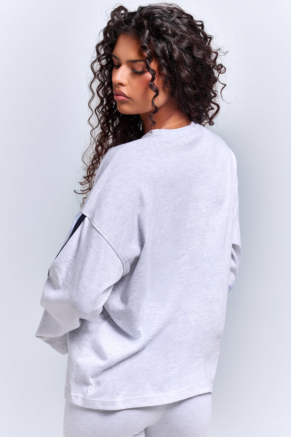Kaiia Side Stripe Long Sleeve T-Shirt Light Grey Marl & Navy