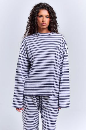 Kaiia Interlock Stripe Oversized Top Light Grey Marl & Navy