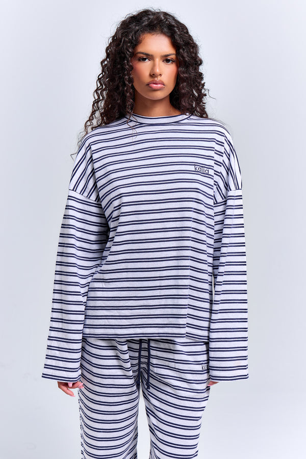 Kaiia Interlock Stripe Oversized Top Light Grey Marl & Navy