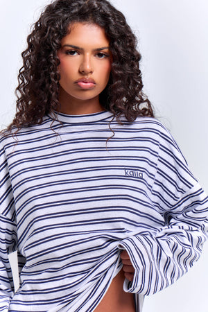 Kaiia Interlock Stripe Oversized Top Light Grey Marl & Navy