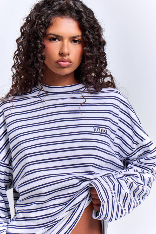 Kaiia Interlock Stripe Oversized Top Light Grey Marl & Navy