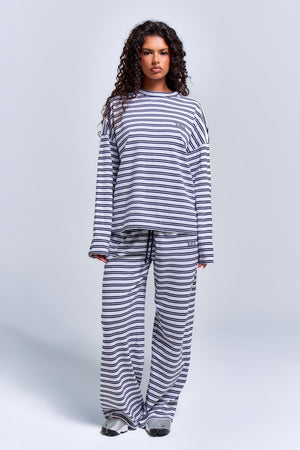 Kaiia Interlock Stripe Oversized Top Light Grey Marl & Navy