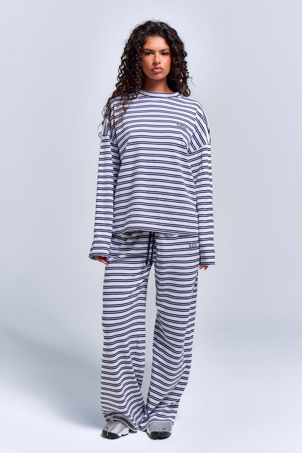 Kaiia Interlock Stripe Oversized Top Light Grey Marl & Navy