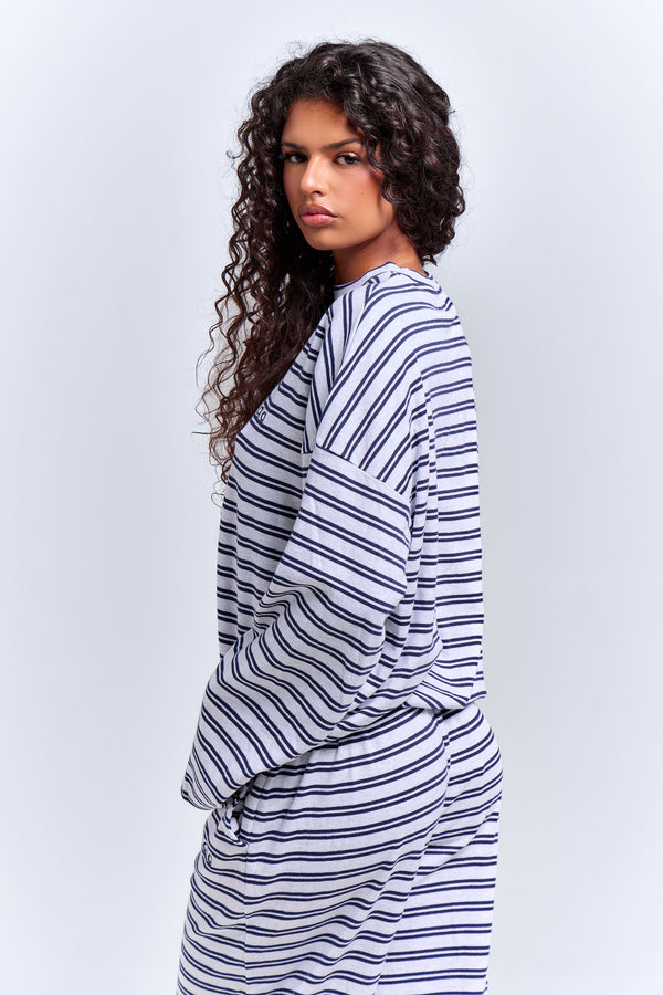 Kaiia Interlock Stripe Oversized Top Light Grey Marl & Navy