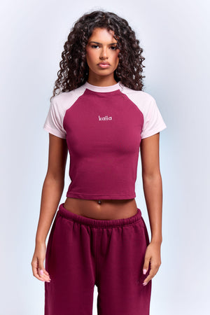 Kaiia Contrast Panel Baby Tee Burgundy & Pink Chai