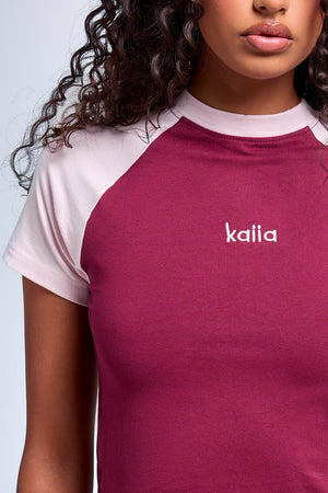 Kaiia Contrast Panel Baby Tee Burgundy & Pink Chai