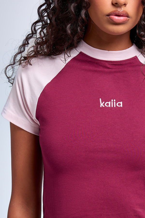 Kaiia Contrast Panel Baby Tee Burgundy & Pink Chai