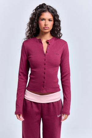 Kaiia Ribbed Long Sleeve Button Front Top Deep Burgundy