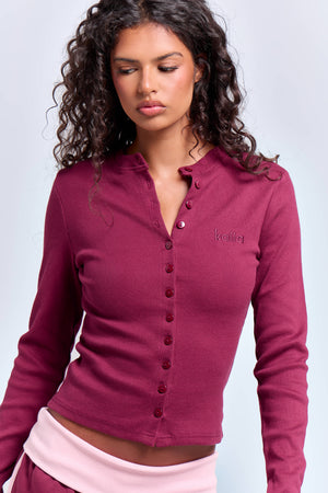 Kaiia Ribbed Long Sleeve Button Front Top Deep Burgundy