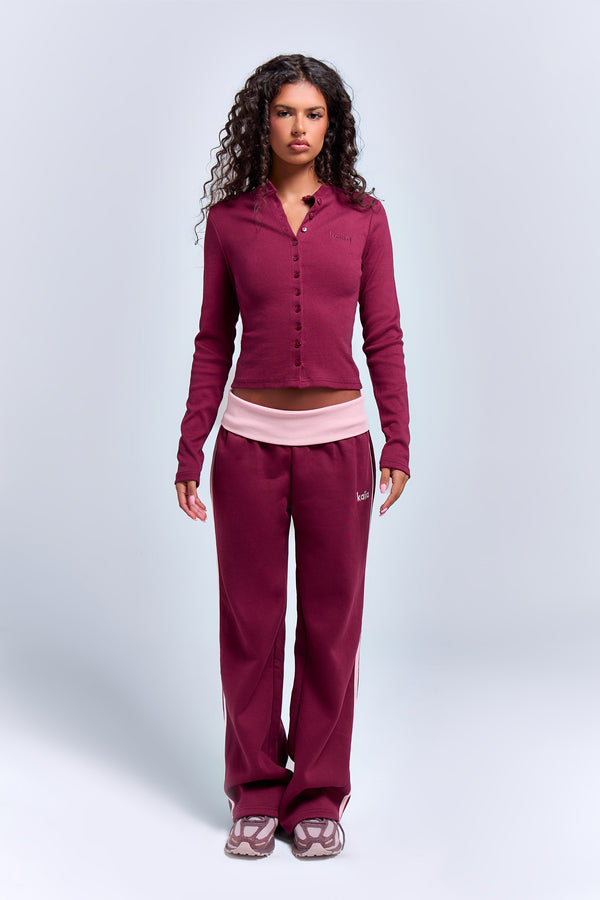 Kaiia Ribbed Long Sleeve Button Front Top Deep Burgundy