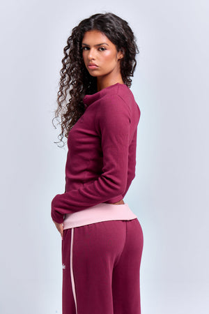 Kaiia Ribbed Long Sleeve Button Front Top Deep Burgundy