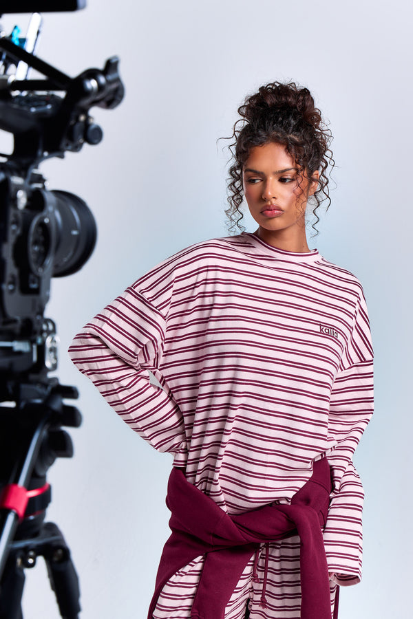 Kaiia Interlock Stripe Oversized Top Pink Chai & Burgundy