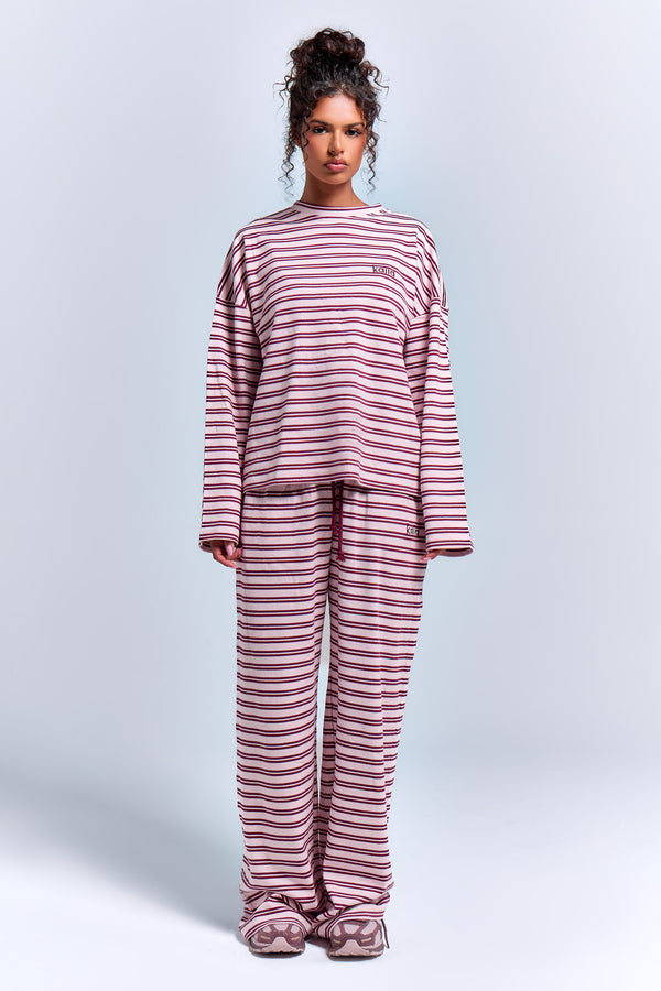 Kaiia Interlock Stripe Oversized Top Pink Chai & Burgundy