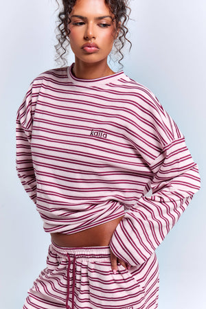 Kaiia Interlock Stripe Oversized Top Pink Chai & Burgundy