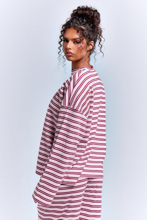 Kaiia Interlock Stripe Oversized Top Pink Chai & Burgundy
