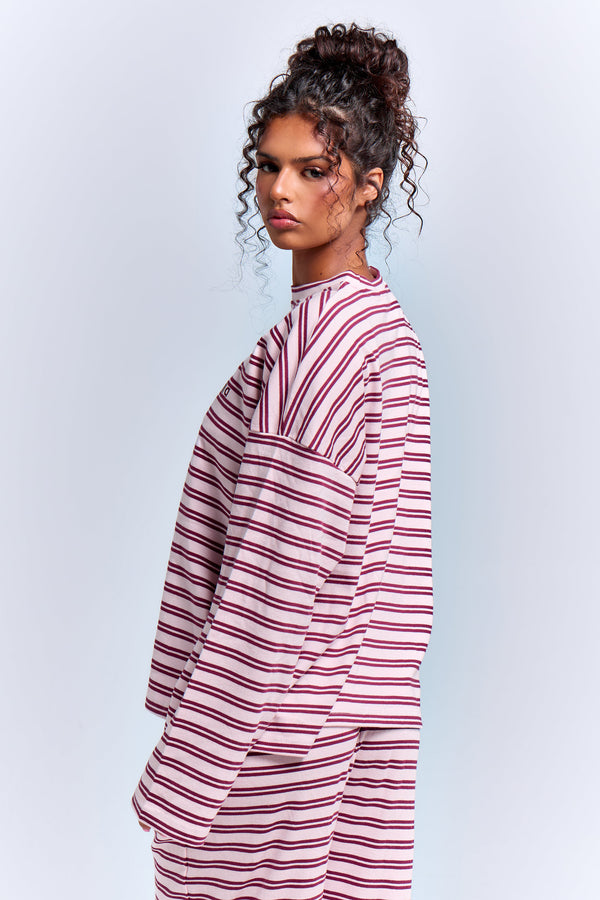 Kaiia Interlock Stripe Oversized Top Pink Chai & Burgundy