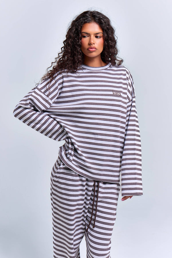 Kaiia Interlock Stripe Oversized Top Light Grey Marl & Chocolate