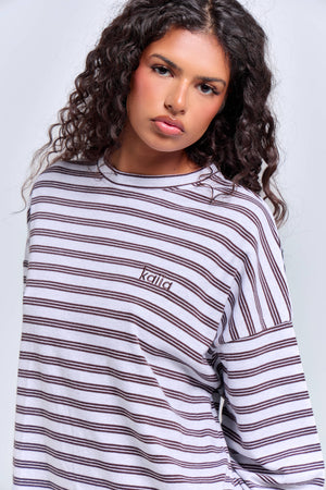 Kaiia Interlock Stripe Oversized Top Light Grey Marl & Chocolate