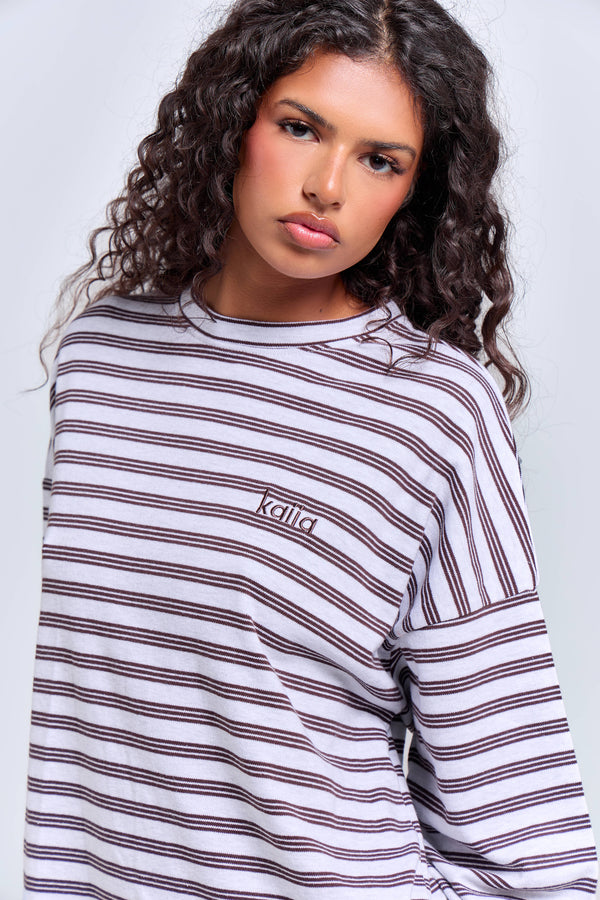 Kaiia Interlock Stripe Oversized Top Light Grey Marl & Chocolate