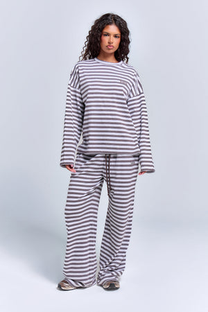 Kaiia Interlock Stripe Oversized Top Light Grey Marl & Chocolate