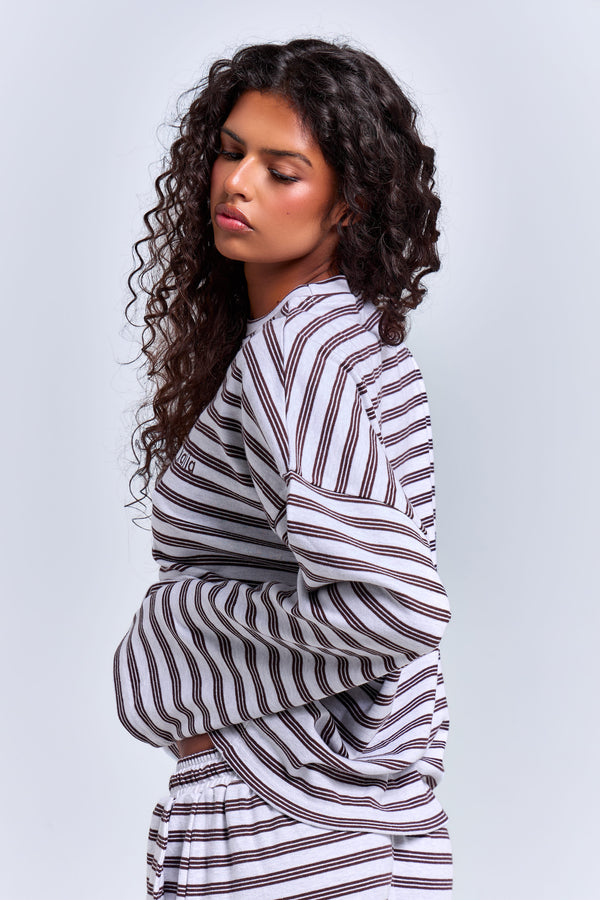 Kaiia Interlock Stripe Oversized Top Light Grey Marl & Chocolate