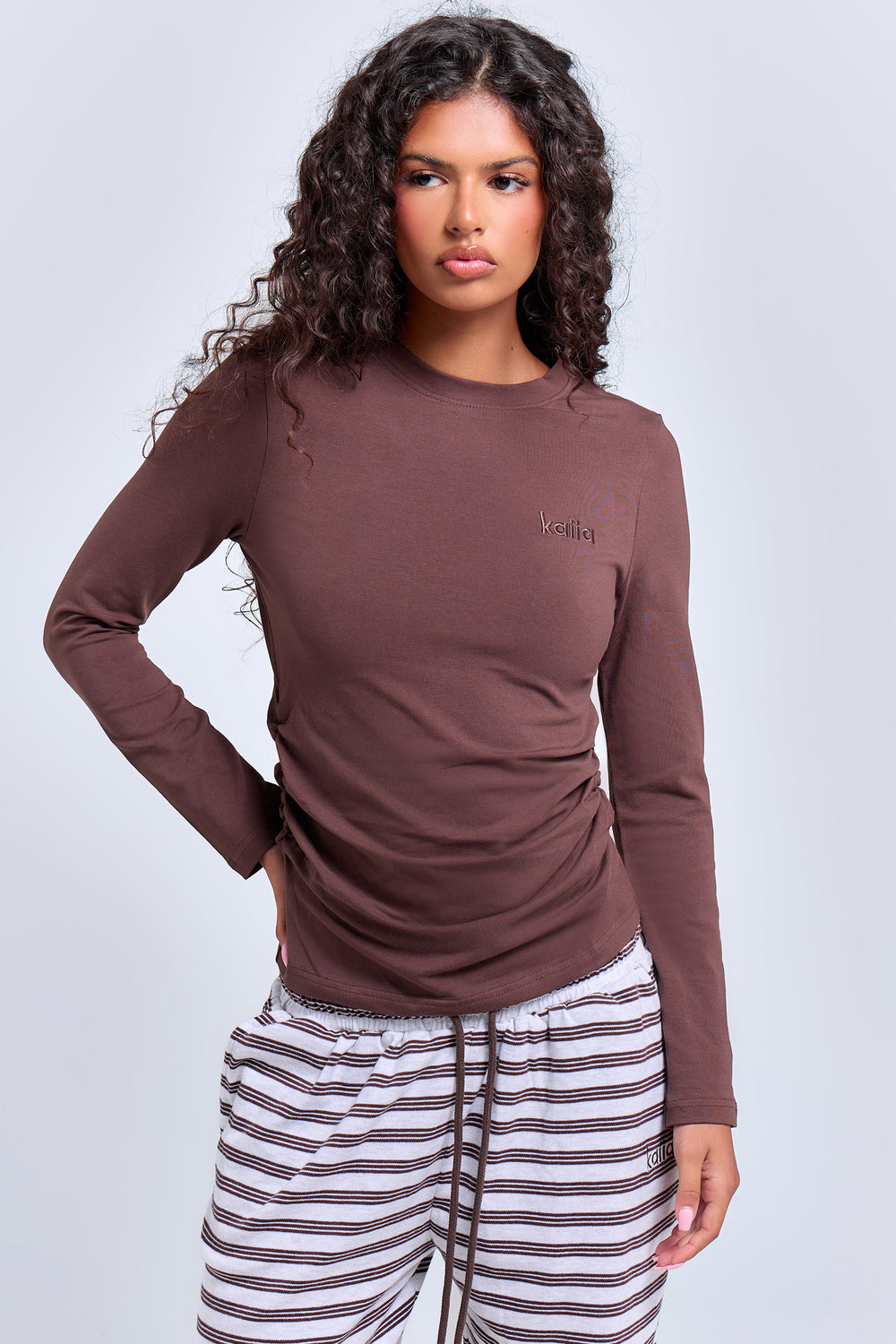 Kaiia Cinched Waist Cotton Long Sleeve Top Bitter Chocolate