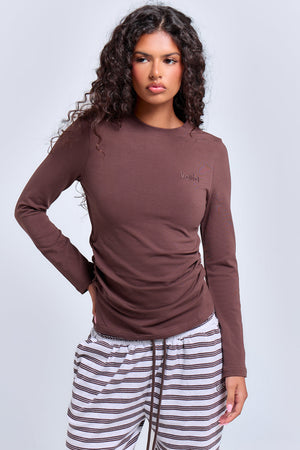 Kaiia Cinched Waist Cotton Long Sleeve Top Bitter Chocolate