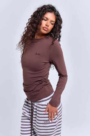 Kaiia Cinched Waist Cotton Long Sleeve Top Bitter Chocolate